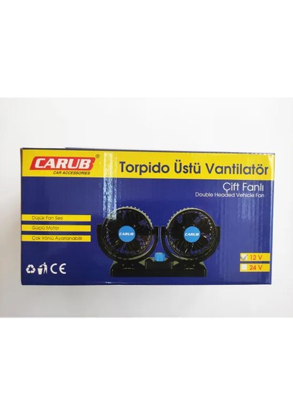 12 Volt Araç Içi Torpido Üstü Çift Fanlı Oto Vantilatör 360° Dönebilir