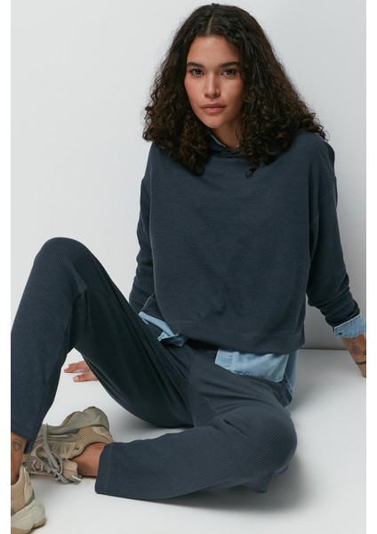 Fitilli Kapüşonlu Sweatshirt Pantolon Takım 9131 Füme
