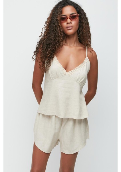 Keten Dantel Detay Atlet Şort Takım 9146 Bej modelleri