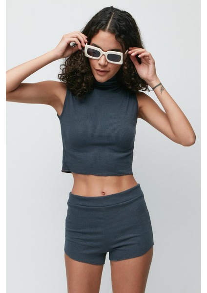 Fitilli Balıkçı Yaka Kolsuz T-Shirt Şort Takım 9134 Füme modelleri