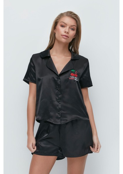 Nakışlı Saten Kısa Kol Şortlu Pijama Takım 033 Siyah