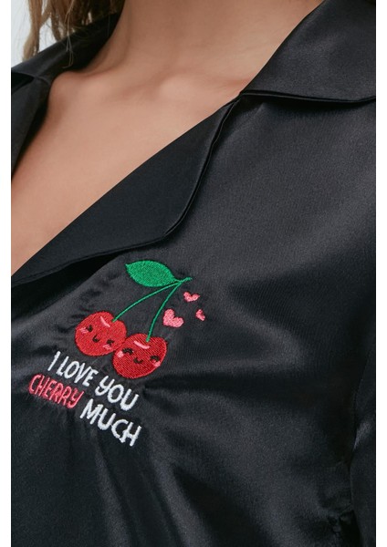 Nakışlı Saten Kısa Kol Şortlu Pijama Takım 033 Siyah