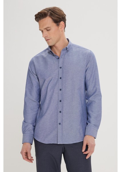 Erkek Lacivert Düğmeli Yaka Kolay Ütülenebilir Pamuklu Slim Fit Dar Kesim Oxford Gömlek