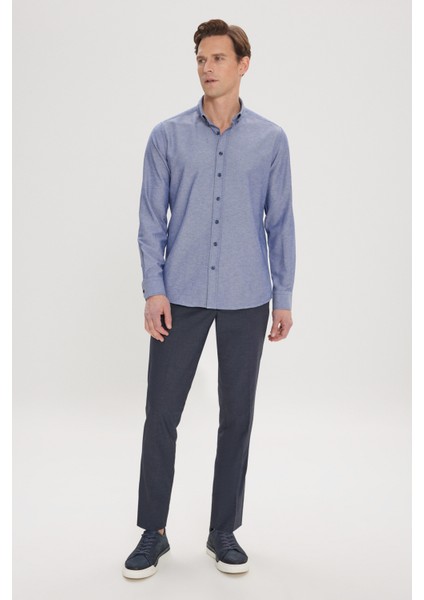 Erkek Lacivert Düğmeli Yaka Kolay Ütülenebilir Pamuklu Slim Fit Dar Kesim Oxford Gömlek fiyatları