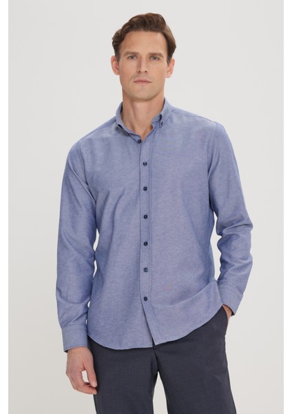 Erkek Lacivert Düğmeli Yaka Kolay Ütülenebilir Pamuklu Slim Fit Dar Kesim Oxford Gömlek modelleri