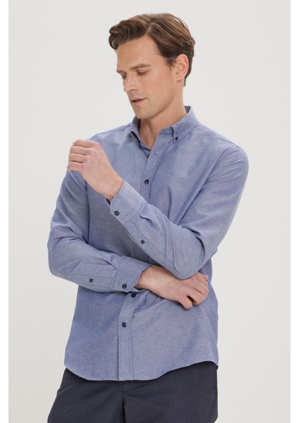Erkek Lacivert Düğmeli Yaka Kolay Ütülenebilir Pamuklu Slim Fit Dar Kesim Oxford Gömlek fırsatları