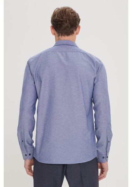 Erkek Lacivert Düğmeli Yaka Kolay Ütülenebilir Pamuklu Slim Fit Dar Kesim Oxford Gömlek