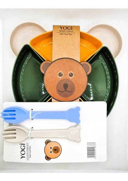 Mama-Yemek Tabağı 4 Bölmeli + Yogi Çatal Kaşık Seti 2 Çift