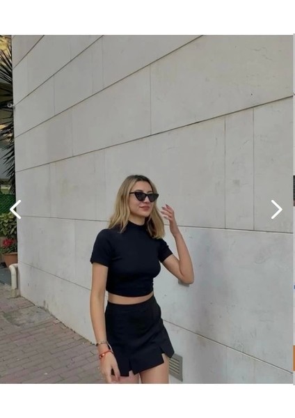 Siyah Çift Yırtmaçlı Şort Etek