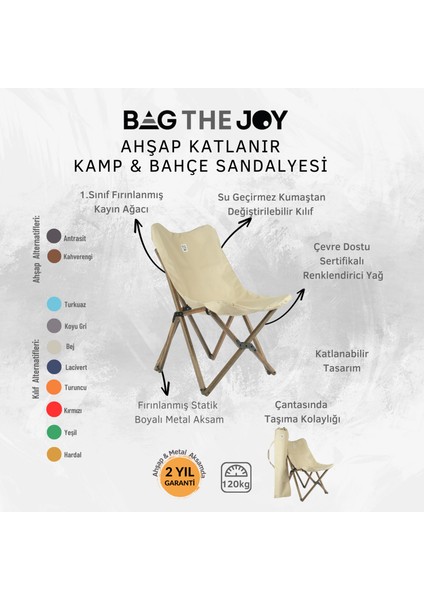 Bag The Joy Ahşap Katlanır Masa Sandalye Seti Antrasit - Bej Kılıf 70X70X55 Antrasit Masa