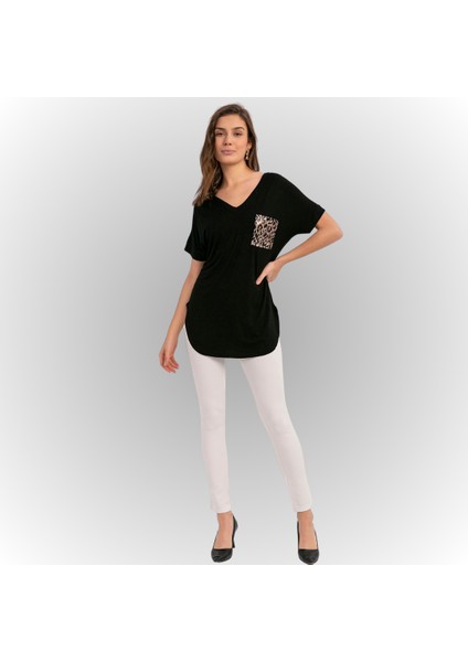 Kadın Siyah Leopar Garnili Arkası Dekolte Eteği Oval Kesim Bluz fiyatları