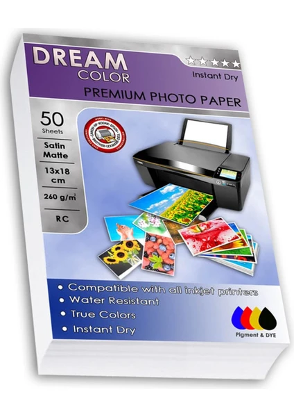 Epson L3250 L1250 L3210 L3211 L3251 Premium Satin Mat 13X18 Fotoğraf Kağıdı 260 Gr, 50 Yaprak