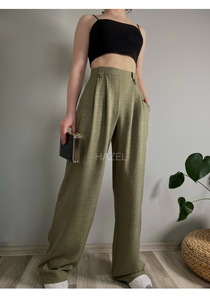 Kadın Haki Keten Düğmeli Yüksek Bel Palazzo Pantolon