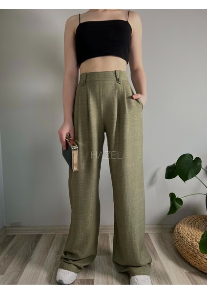 Kadın Haki Keten Düğmeli Yüksek Bel Palazzo Pantolon fiyatları
