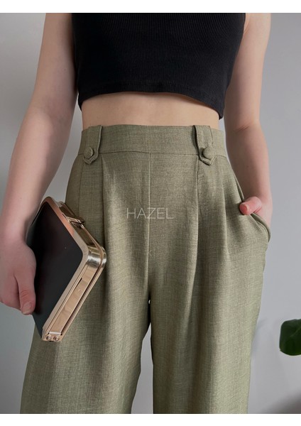 Kadın Haki Keten Düğmeli Yüksek Bel Palazzo Pantolon modelleri