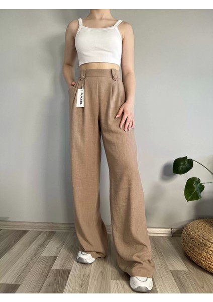 Kadın Vizon Keten Düğmeli Yüksek Bel Palazzo Pantolon