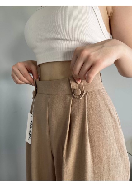 Kadın Vizon Keten Düğmeli Yüksek Bel Palazzo Pantolon fiyatları