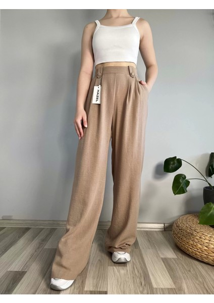 Kadın Vizon Keten Düğmeli Yüksek Bel Palazzo Pantolon modelleri