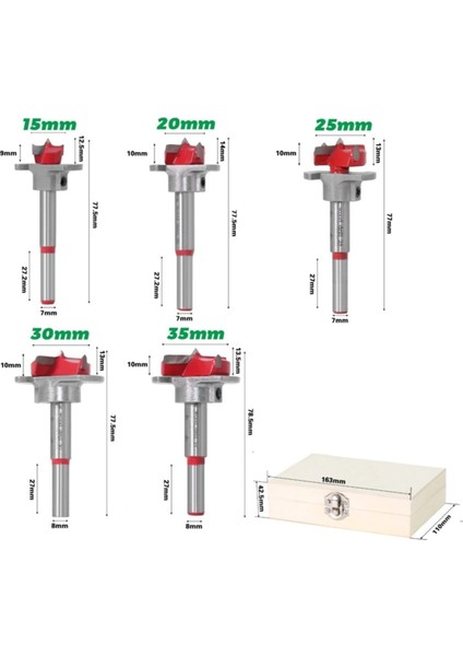 Ahşap Freze Bıçağı Yuvarlak Panc 5 Adet Çantalı Takım Matkap Ucu 15 mm 20 mm 25 mm 30 mm 35 mm