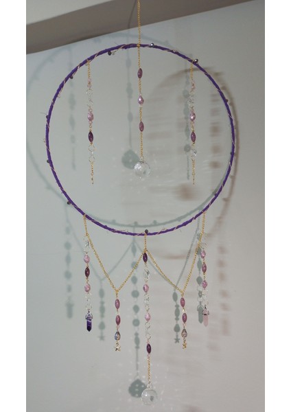 Mor Renkli Pembe Kuvars ve Ametist Doğal Taşlı Kristal Güneş Kapanı Duvar Süsü