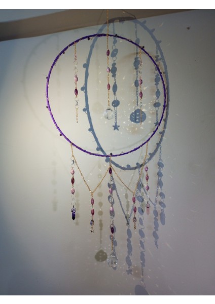 Mor Renkli Pembe Kuvars ve Ametist Doğal Taşlı Kristal Güneş Kapanı Duvar Süsü modelleri