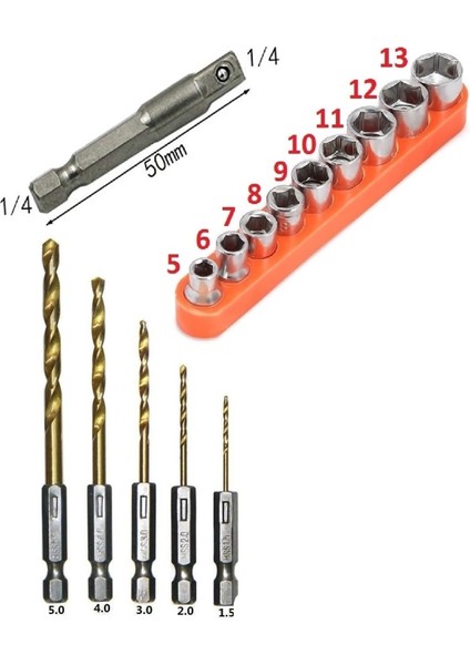 Altıgen Hex Adaptörlü Shank 1/4" Girişli Lokma Seti ve Titanium Matkapucu Seti