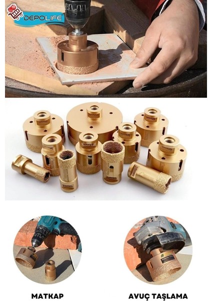 38 mm + 60 mm Granit Mermer Seramik Beton Taş Delme Panç Spiral Avuç Taşlama Matkap Uyumlu M14 Aparat modelleri