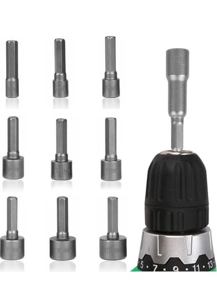 Somun Sökücü Bits Lokma Seti 1/4"vidalı Metrik Adaptör Matkap Ucu 5 Ila 13 mm Altıgen Şaft 9 Parça