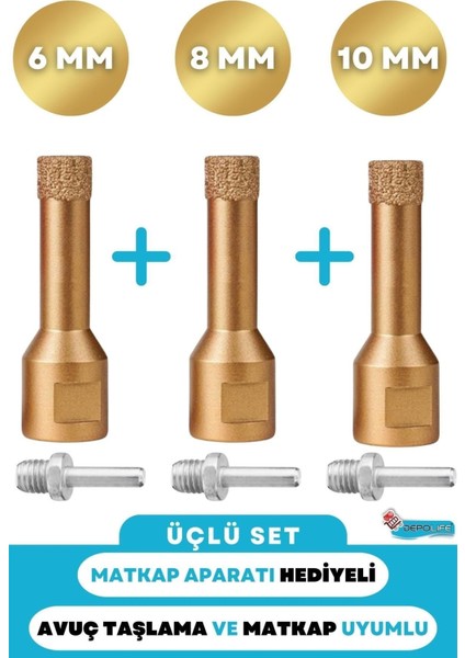 6 mm + 8 mm + 10 mm Granit Mermer Seramik Beton Taş Delme Panç Spiral Taşlama Matkap Uyumlu M14 Aparat