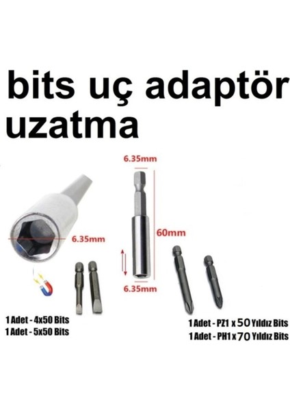 Mıknatıslı Bits Şaftlı Hızlı Değişim Uzatma Matkap Aparatı Metal Ahşap Düz 4 Adet Bits Uç Seti