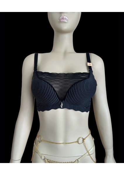 Ithal Çizgili Önü Dantelli Lazer Kesim Soft Push Up Balensiz Sütyen - 1202