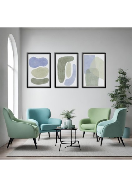 3'lü Ahşap Lamine Çerçeveli Mdf Tablo Pastel Asimetrik Ovaller