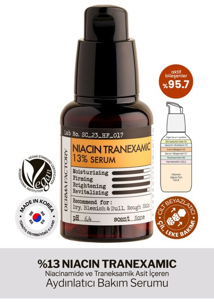 Derma Factory Niacinamide ve Tranexamic Acid, Aydınlatıcı Serum Derma Factory Niacin Tranexamic Acid Serum %13