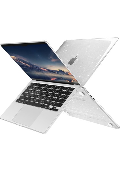 Apple Macbook Air 13.6 M3 2024 Simli Shiny Parlak Ön Arka Kapak Kılıf ve Koruyucu Set A3113