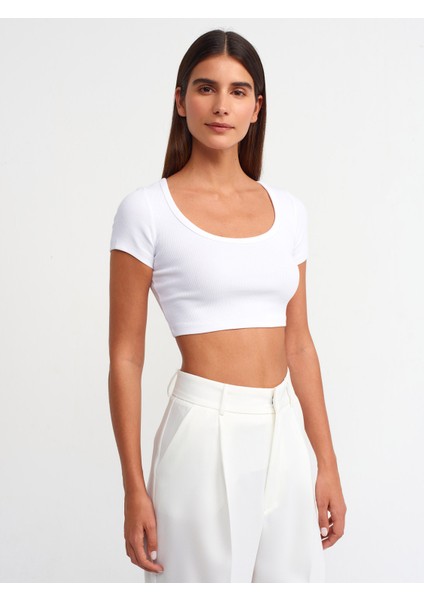 30876 Kısa Kollu Crop Top-Beyaz