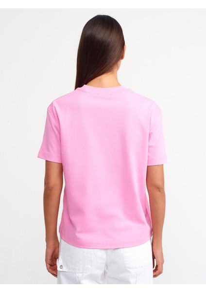 30312 Dekoratif Dikişli Bisiklet Yaka Tshirt-Pembe