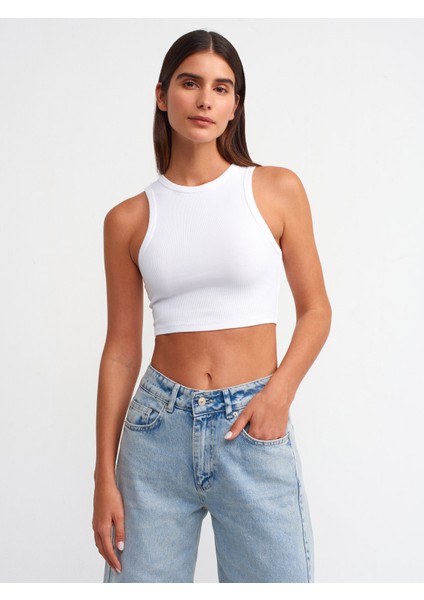 20820 Dikiş Efektli Crop Top-Beyaz
