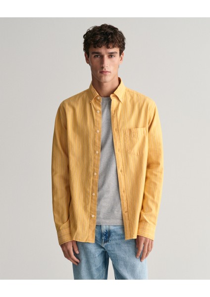 Erkek Sarı Regular Fit Düğmeli Yaka Çizgili Oxford Gömlek 3240056.779
