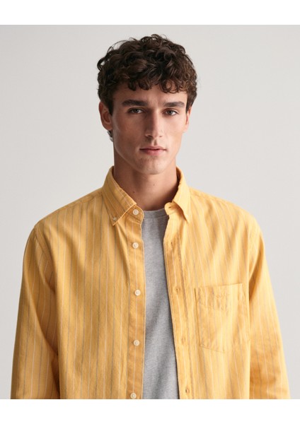 Erkek Sarı Regular Fit Düğmeli Yaka Çizgili Oxford Gömlek 3240056.779 indirimleri
