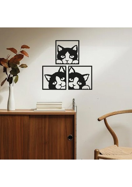 3'lü Sevimli Kedi Ahşap Duvar Dekoru ve Tablosu 35X35 cm - Çift Taraflı Bant ile Kolay Montaj