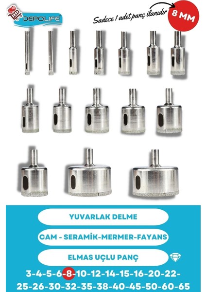 8mm Mermer Granit Fayans Cam Yuvarlak Delme Panç Elmas Uç Yuvarlak Açma Matkap Için Karot