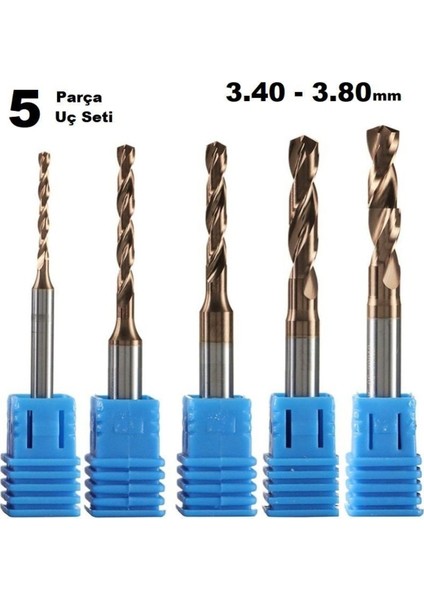 Kalıpçı Taşlama Delme Cnc Router Karbür Uç Seti 3.40MM - 3.80MM Çap Carbide Matkap Ucu 5 Parça Set