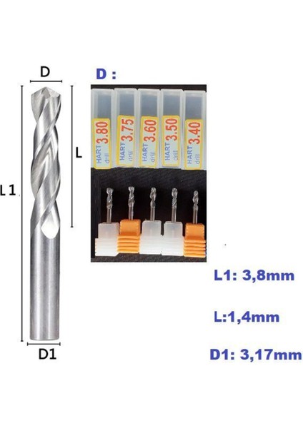 Kalıpçı Taşlama Delme Cnc Router Karbür Uç Seti 3.40MM - 3.80MM Çap Carbide Matkap Ucu 5 Parça Set