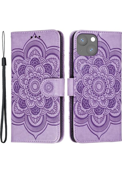 iPhone 15 Plus Pu Deri Mandala Çiçek TeIefon Kılıfı (Yurt Dışından)