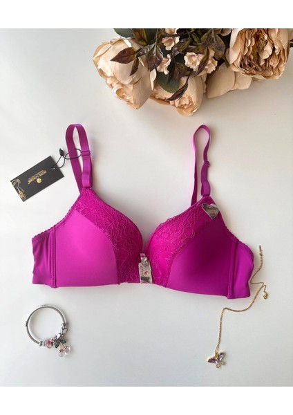Fuşya Dantelli Dekoltesi Dantel Detaylı Kaplı Balenli Hafif Destekli Sütyen (Intive Limited)