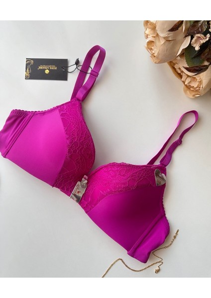Fuşya Dantelli Dekoltesi Dantel Detaylı Kaplı Balenli Hafif Destekli Sütyen (Intive Limited) fırsatları