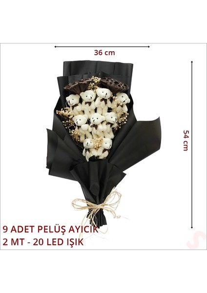 9 Pelüş Ayıcıklı, Kuru Çiçekli ve LED Işıklı Buket, 54X36CM modelleri
