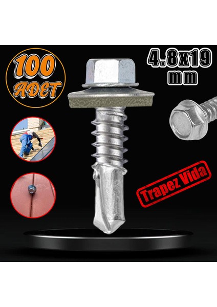 Trapez Çatı Vidası 4.8X19 mm Paket 100 Adet Matkap Uçlu Sac Akıllı Vida Çatı Panel Metal Ağaç Vidası