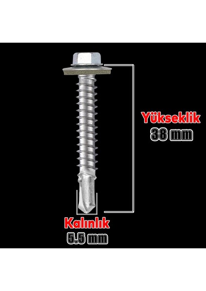 Trapez Çatı Vidası 5.5X38 mm Paket 100 Adet Matkap Uçlu Sac Akıllı Vida Çatı Panel Metal Ağaç Vidası