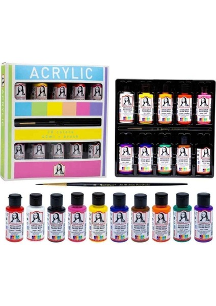 Yayınları Südor 10'lu Akrilik Boya Seti + Fırçalı 10 Renk Akrilik 10X40ML